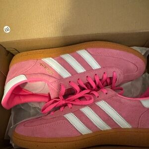 Adidas Pink and White Sneakers with Classic Stripes